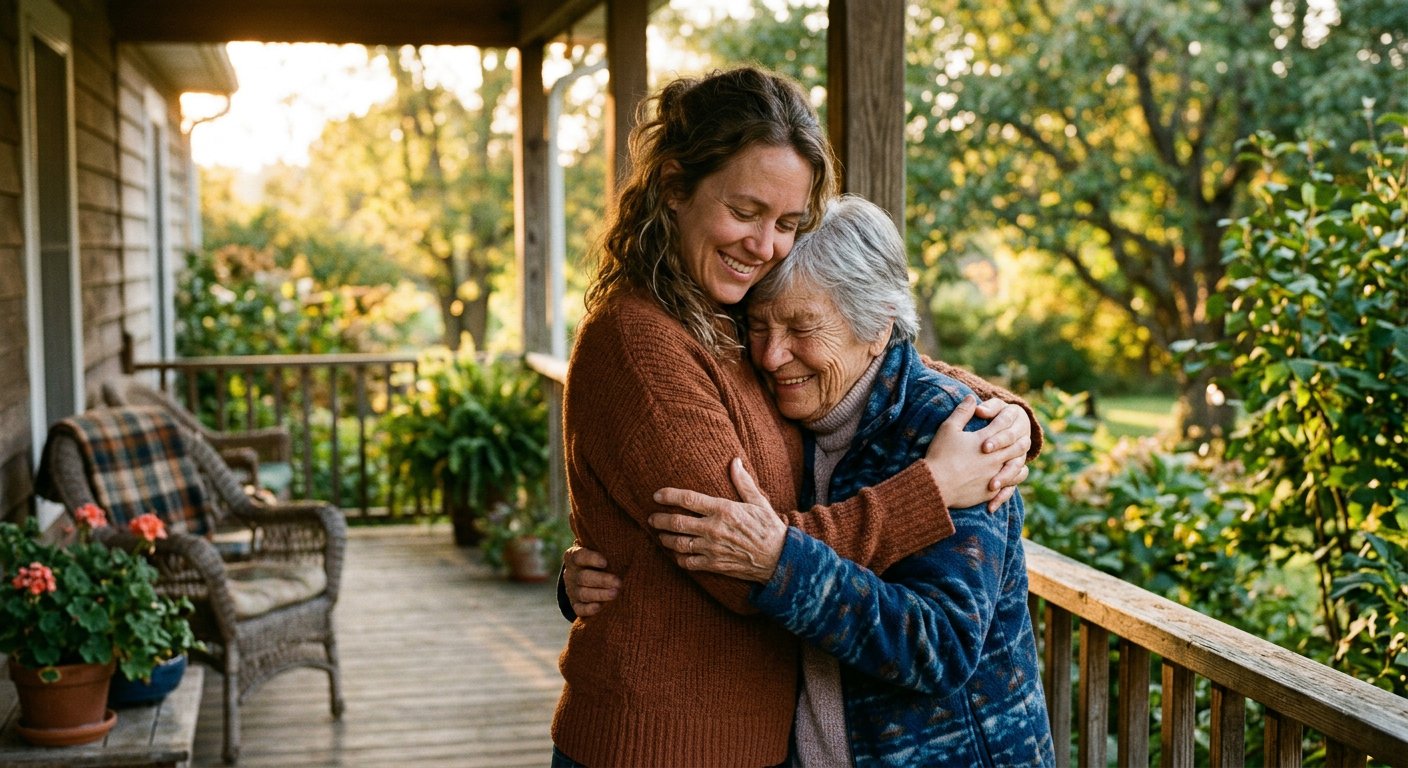 An adult daughter embracing her senior mother warmly on a porch
